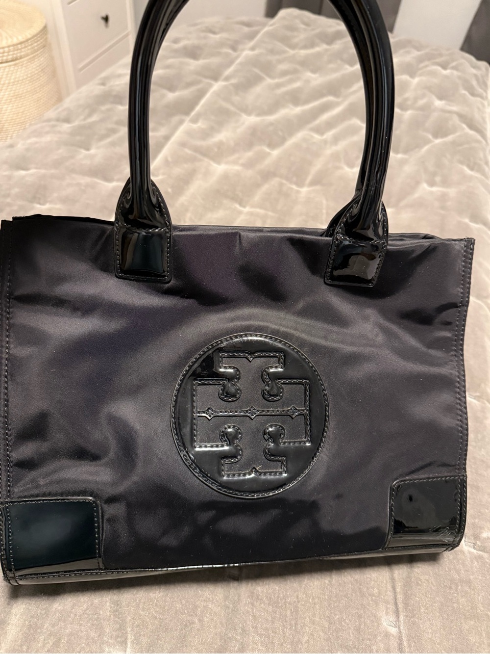 Tory Burch Black Nylon Tote with Patent Trim and Logo